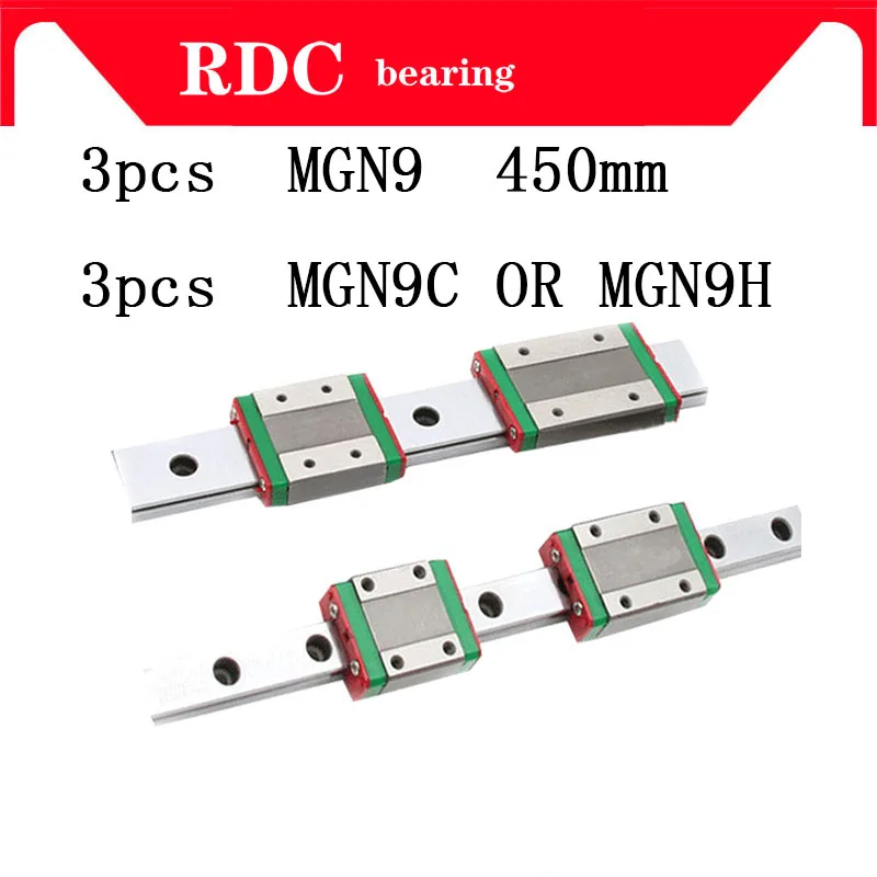 

High quality 3pcs 9mm Linear Guide MGN9 L= 450mm linear rail way + MGN9C or MGN9H Long linear carriage for CNC XYZ Axis