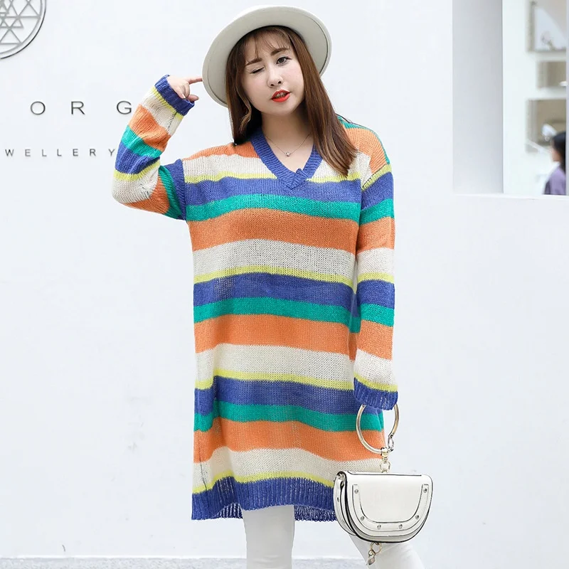

2018 New color striped long sweater women Wool blend fashion v-neck female pullover top plus size 3xl winter ladies knitted coat