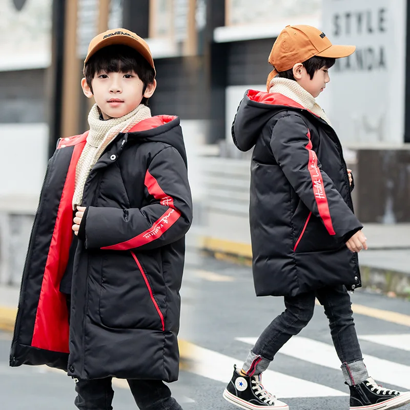 Пуховая одежда с хлопковой подкладкой для мальчиков г., стиль, корейский стиль, детская зимняя длинная Стеганая утепленная куртка и пальто для больших мальчиков - Цвет: Черный