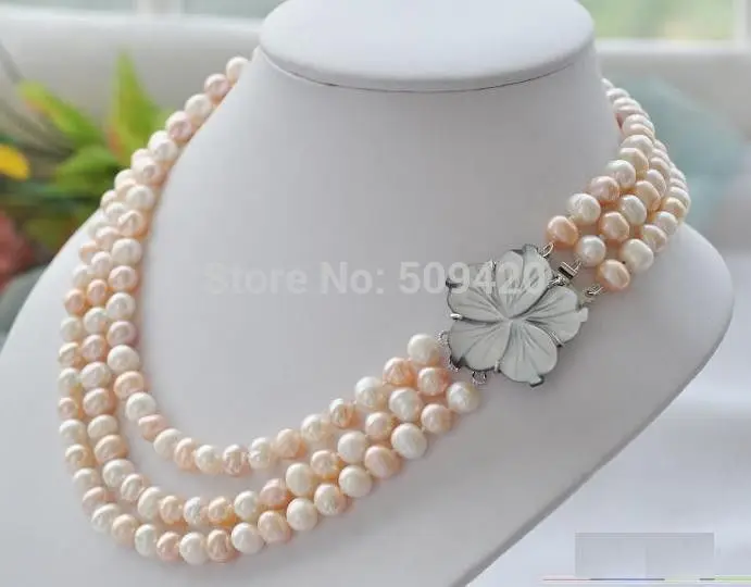 

Free Shipping >>WHOLESALE 3 Row 8-9mm AKOYA WHITE PINK PEARL NECKLACE FLOWER CLASP