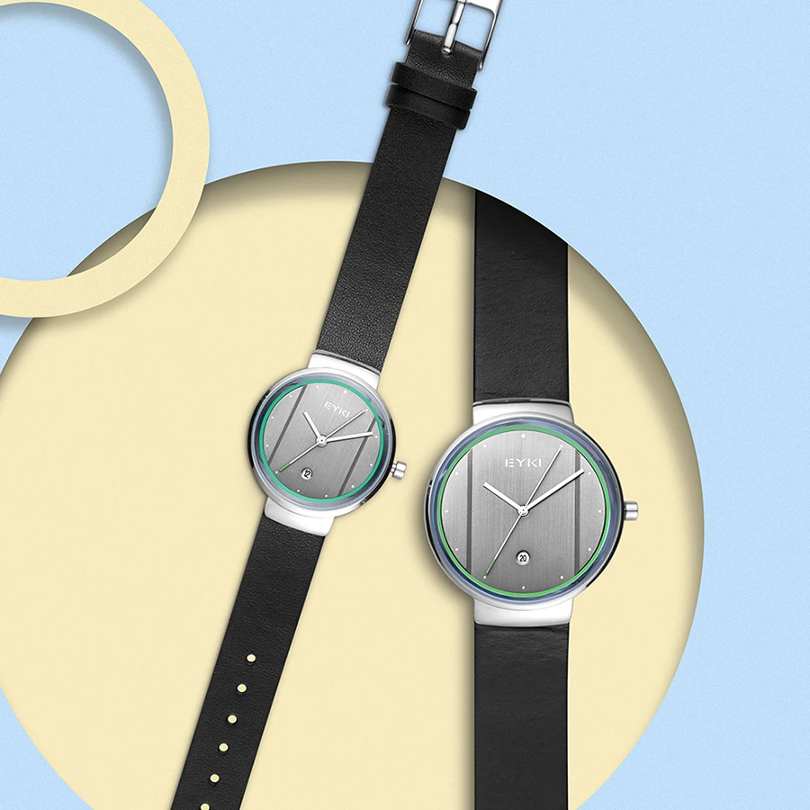 

EYKI Brand Couple Ultra Thin Dial Quartz Watches For Lovers Watch Men Calfskin Leather Waterproof Women Watch With Calendar