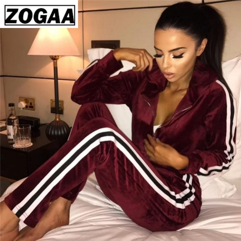 

ZOGGA Stripe Hooded Zipper Women's Casual Suits Pleuche Cotton Sport Suit Women Breathable Anti-pilling/shrink Running Clothing