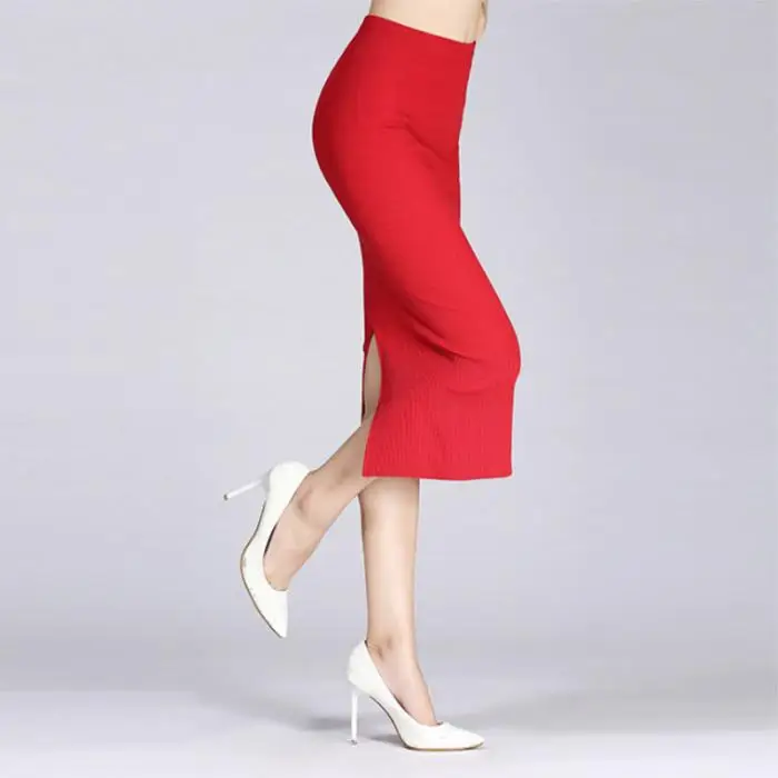 Autumn Winter Women Pencil Skirt High Waist Cotton Solid Color Stretch Elastic Slim Business OL Split Bodycon Skirts NGD88