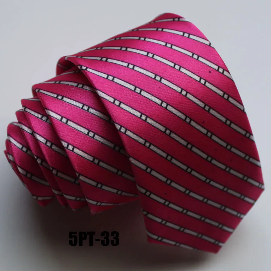 

New Design 2" Skinny Tie Pink with Unique White Black Stripes Necktie Poly Tie