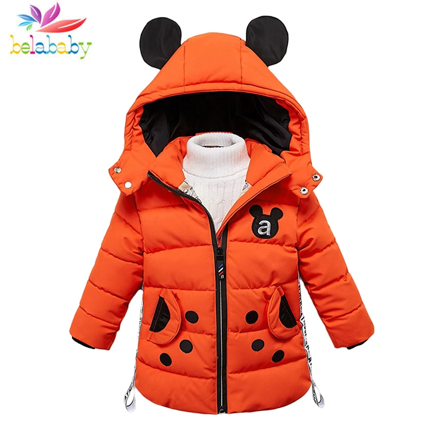 

Belababy New 2018 Boys Winter Coat Kids Animal Hooded Down Jacket Zipper Warm Coat Letter Ribbon Baby Boys Cotton Winter Clothes