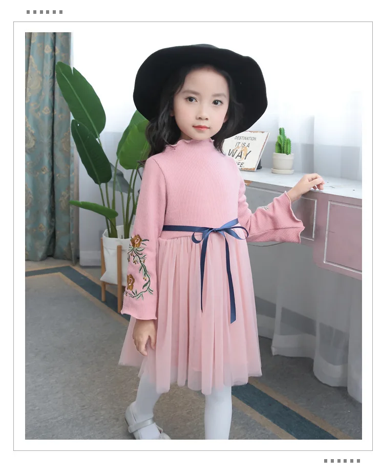 Осенне-зимнее платье для девочек; цветочная вышивка с сеткой; Детские платья для девочек; модное праздничное платье принцессы для девочек; DQ732