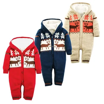 

Baby Rompers Winter Thick Climbing Clothes Newborn Boys Girls Warm Romper Knitted Sweater Christmas Deer Hooded Outwear