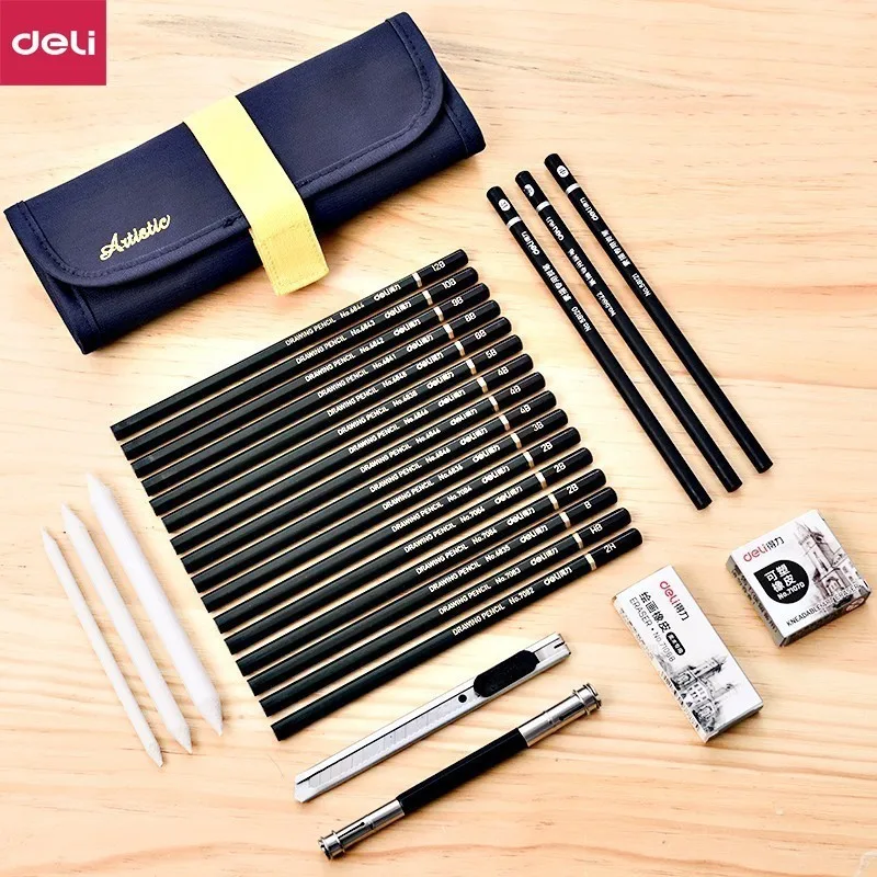 

Deli 27pcs/pack Professional Sketch Set For School Art Supply Paper Eraser Charcoal Pencil Extender Canvas Bag Kids Drawing Gift
