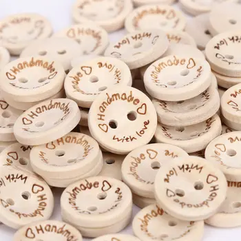 

100pcs/pack Hand Made with Love Sewing Wood Button 15mm Round Home Festival Decorative Craft Buttons Hot