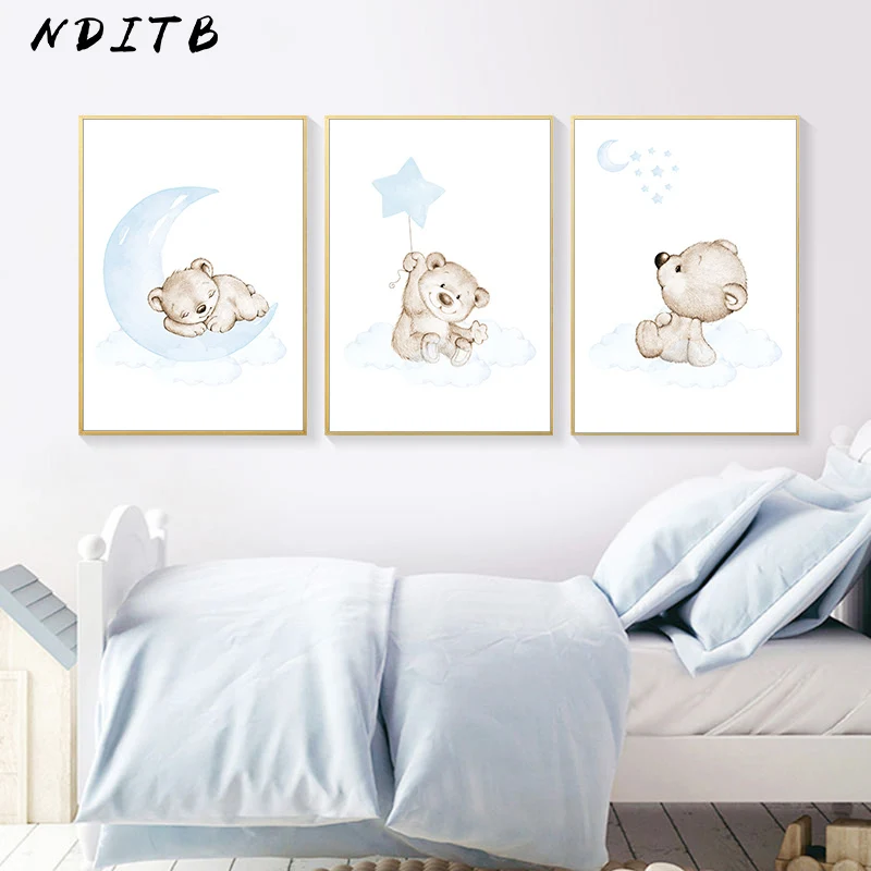 

Moon Star Bear Child Wall Poster Canvas Art Print Simple Cartoon Painting Nordic Kids Decoration Picture Baby Boy Bedroom Decor