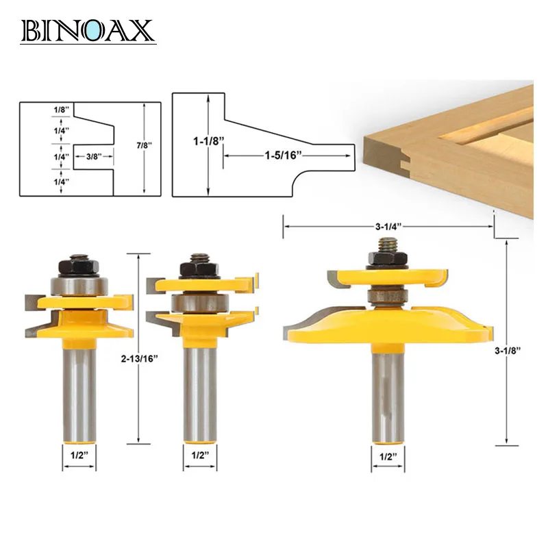 

3 Bit Raised Panel Cabinet Door Router Bit Set- Bevel- 1/2" Shank