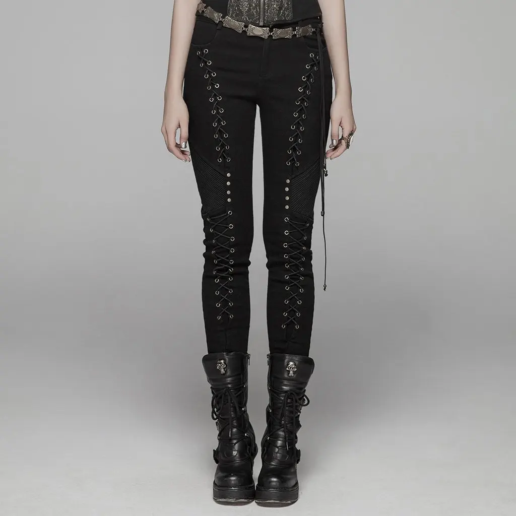 

PUNK RAVE Women's Gothic Lacing Skinny Pants Punk Rock Streetwear Casual Jeans Women Party Long Pencil Pants