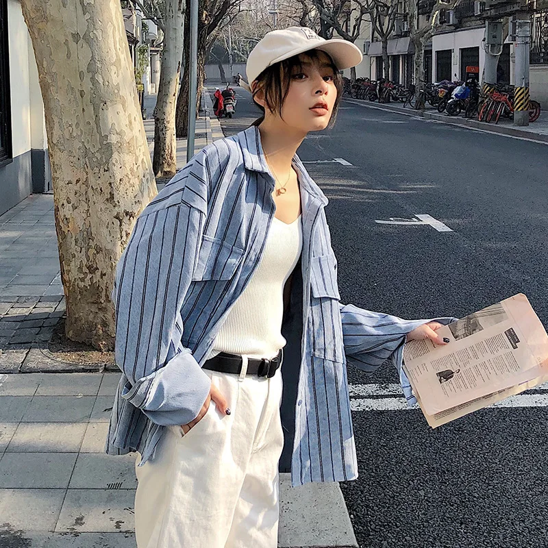 

[EWQ] 2019 Autumn New Pattern Casual Style Fashion Loose Large Size Striped Pattern Full Sleeve Turn-down Collar Shirt CoatAF787