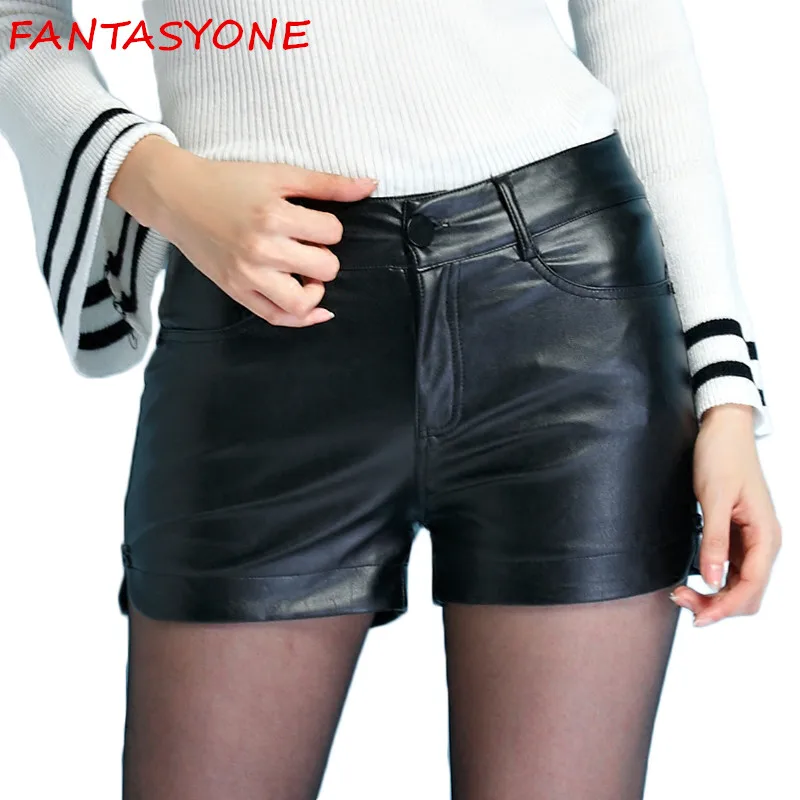FANTASYONE 2017 Autumn Winter Shorts Women High Waist PU Leather Shorts