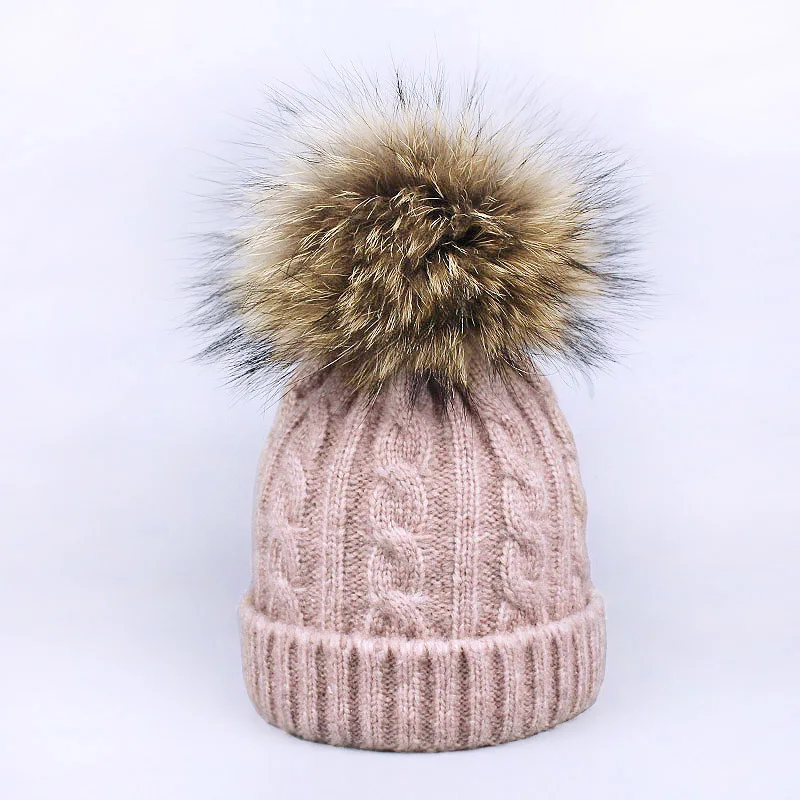 Комплект из 2 предметов, детская зимняя шапка, шарф Skullies для девочек, натуральный мех енота, помпоны, детские шапки, вязаная зимняя шапка - Цвет: L