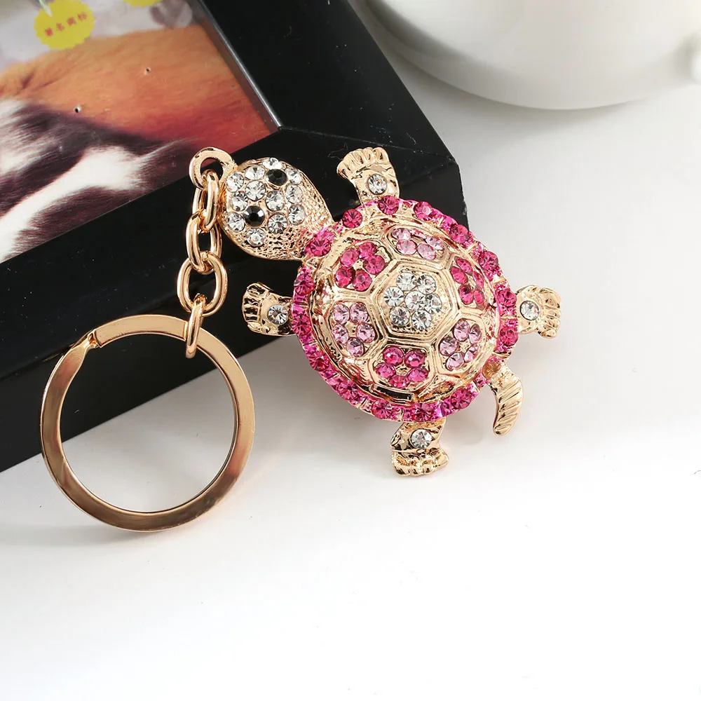 

1PC Novelty Rhinestone Tortoise Keychains Keyring Fashion Animal Turtle Metal Crystal Pink Purse Pendant Gift for Women