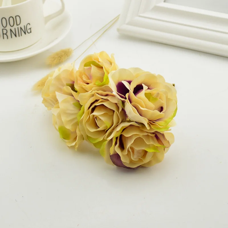 6 шт. маленькие шелковые чайные бутоны ручной работы, искусственные цветы для украшения свадеб, сделай сам, венок, подарок, скрапбукинг, ремесло, искусственные цветы - Цвет: Colour 2
