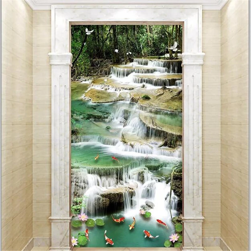

3d-фотообои wellyu на заказ, Настенная картина с изображением водопада, карпа, лотоса, крыльца, фона для телевизора, бумажные фрески