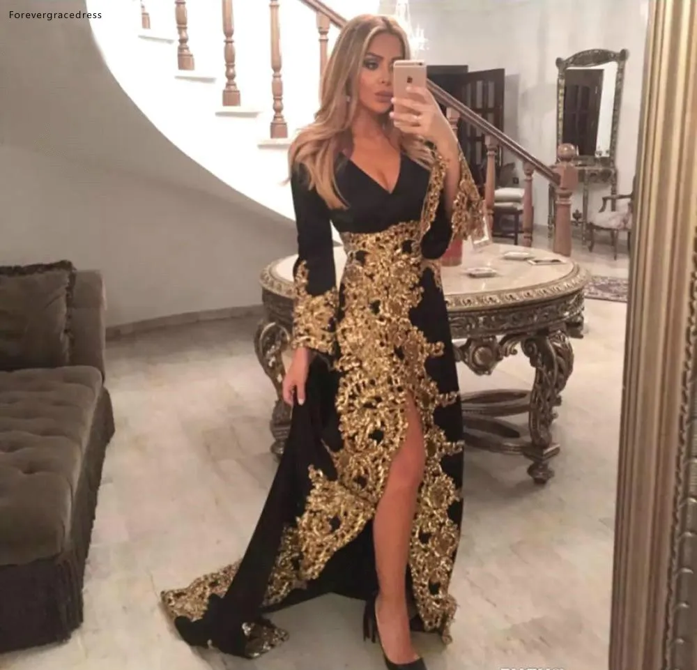 Black Lace Appliques Muslim Evening Dresses With Long Sleeves 2019 Gold Embroidery Formal Celebrity Gowns Split Prom Dress Arabic BC1299  145 (4)