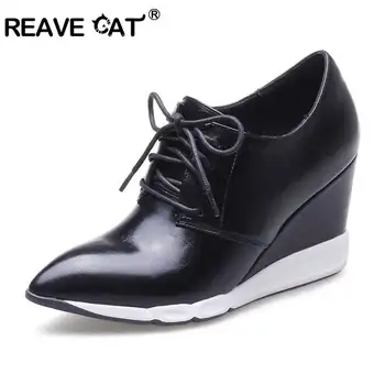 

REAVE CAT Spring Autumn PU Leather Wedges Pointed Toe Lace up Shoes Women Pumps Zapatoas Mujer Wedges high heel shoes A1047