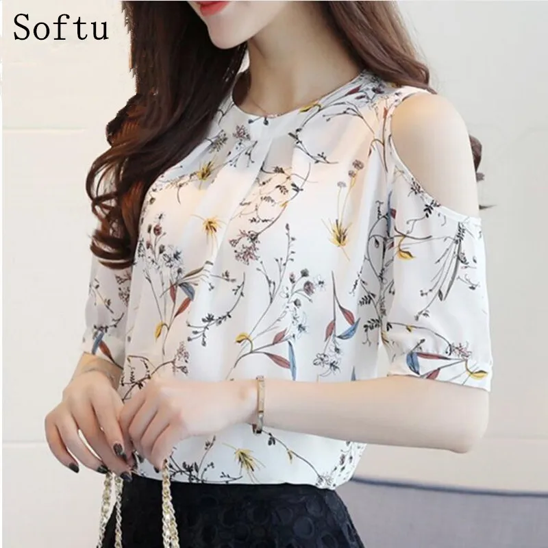 

Softu Women's Fashion Elegant Off Shoulder Blouses Chiffon Print Blusas Floral Shirt For Women Ete Plus Size Female Tops