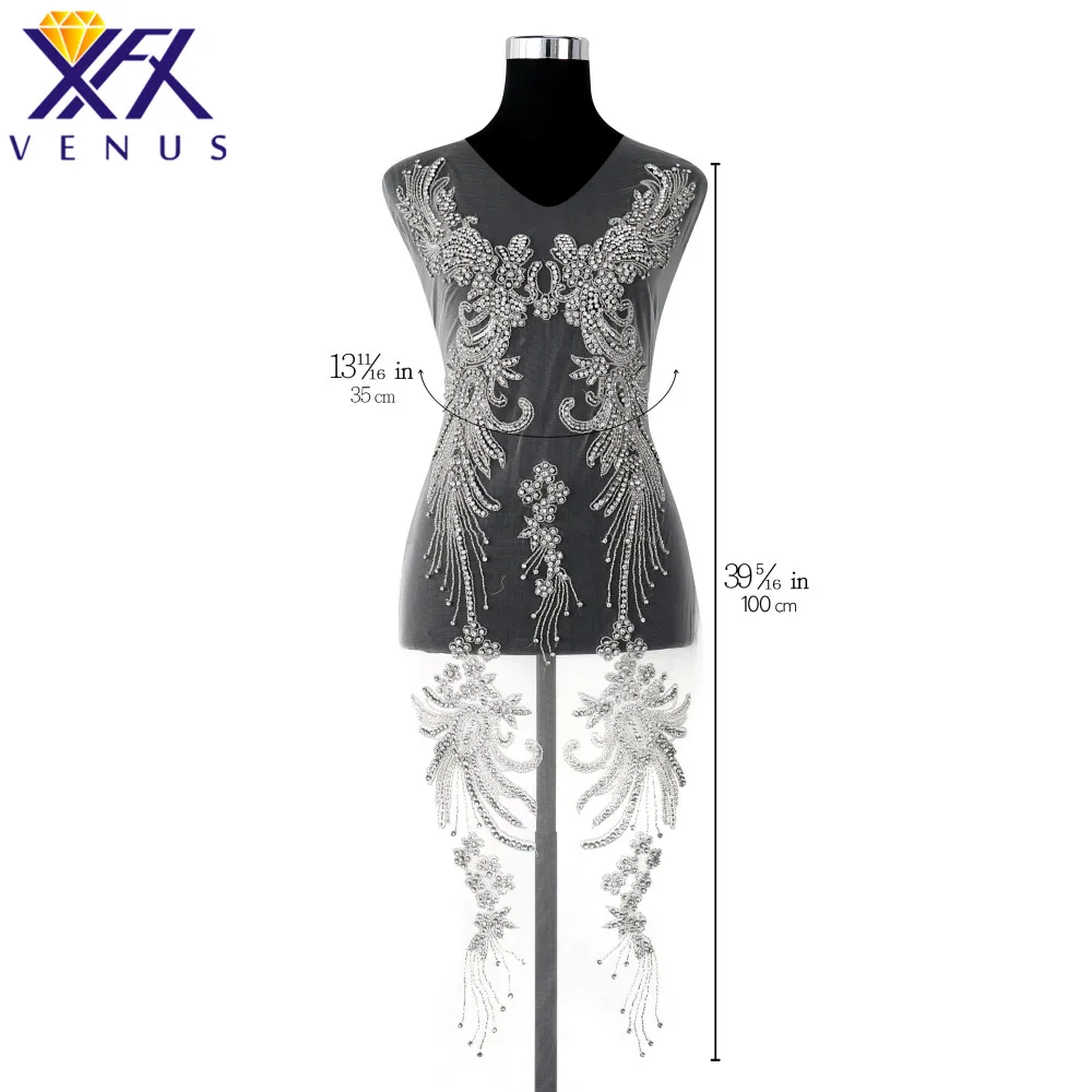 

XINFANGXIU 1 Set Handmade Crystal Embroidered Wedding Patches Rhinestone Beaded Appliqued Wedding Dress Trimming Patch
