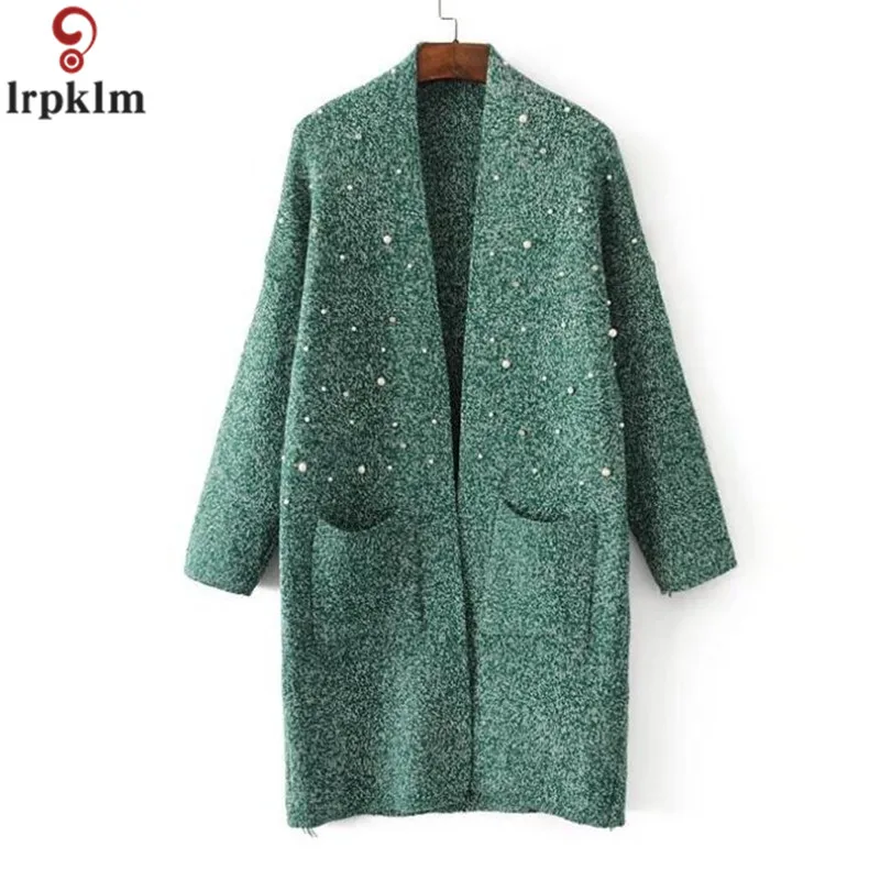 

Women's Beading knitting Cardigan Studded Sweater Fall New Long Style Pure Color Loose Large Size Casual Sweater Outside CH341