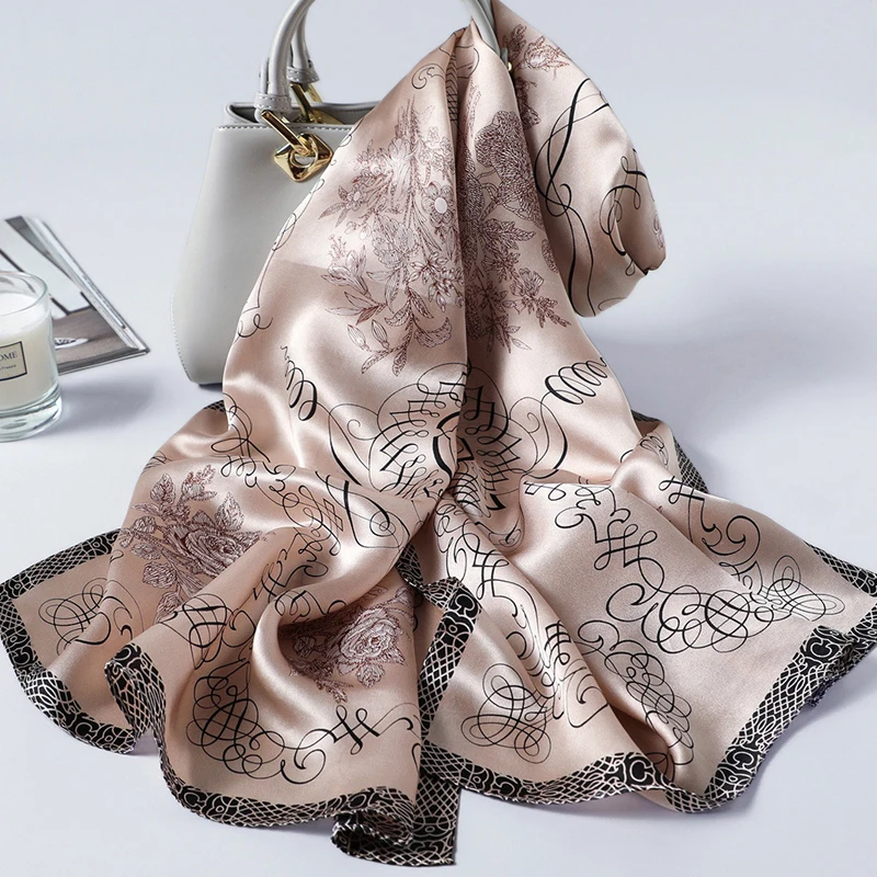 Женский шарф с принтом Foulard Femme, шарфы из натурального шелка, шарф из чистого шелка для женщин, бандана, Настоящие шелковые шали и обертывание s