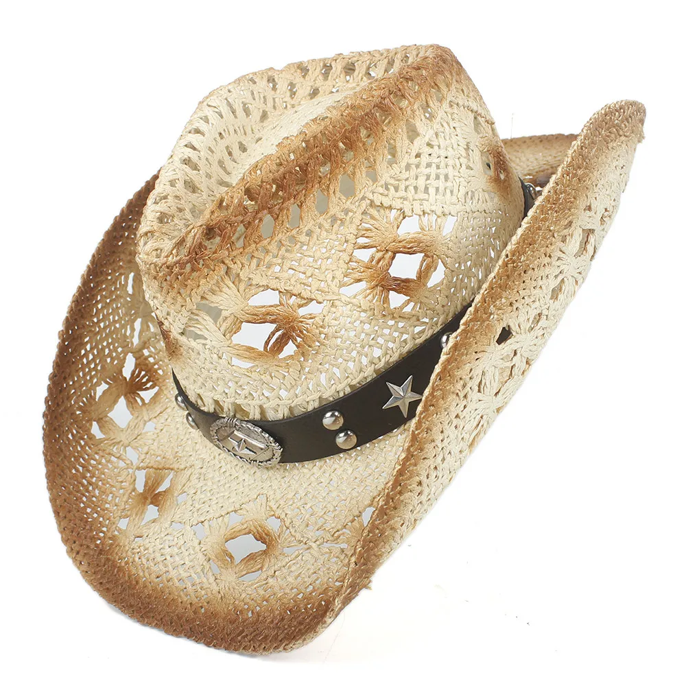Cowboy Hats Summer Women Men Straw Hollow Western Cowboy Hat Punk Brand Sombrero Hombre Beach Cowgirl Jazz Sun Hat Size 56-58CM