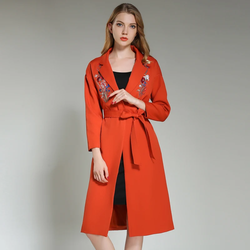 Spring Autumn Fashion Floral Embroidery Trench Coat Women Turn Down