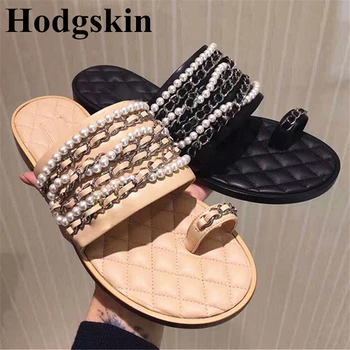 

Classic Pearls Metal Chain Open Toe Summer Slippers Rhombus Leather Outside Slip On Flat Slides Beach Shoes Casual Woman Shoes
