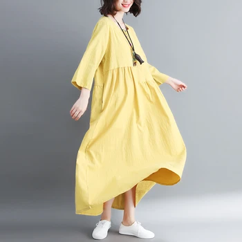 

Casual Ethnic Vintage Retro Hippie Boho White Yellow Cotton Linen Embroidery Patchwork Loose Long Sleeve Women Autumn Dress