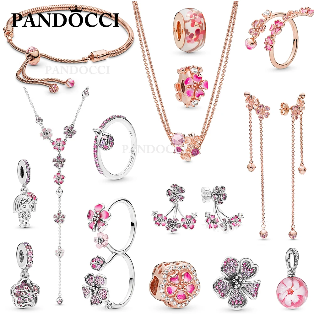 

PANDOCCI 100% 925 Sterling Silver New Long Peach Series Ring Stud Earrings Bracelet Necklace Beaded Pendant Charm Rose Gold