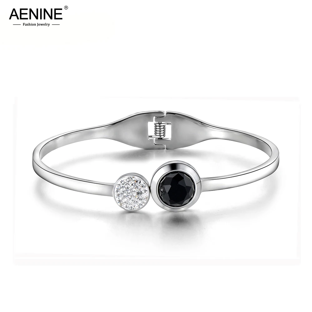 

AENINE Classic Titanium Steel Rhinestone Cuff Bracelets & Bangles Luxury Cubic Zirconia Wedding Bangle Jewelry For Women AB18042