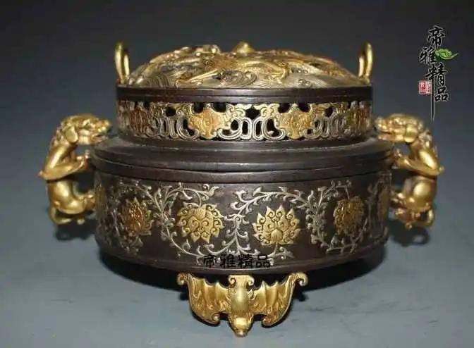 

Chinese Copper 24K Gold Gild Silver Dragon Phoenix Bird Incense Burner Censer