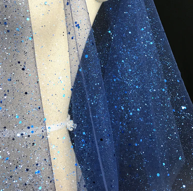 

Deep blue sparkling stamping golden and silver phantom color laser gauze mesh fabric for dress canopy skirt