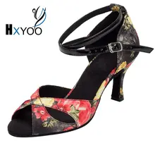 XHYOO/Новинка года; женская обувь для сальсы; обувь для латинских танцев из атласа с мягкой подошвой и цветком; Обувь для бальных танцев на высоком каблуке с открытым носком; Цвет Черный; WK005