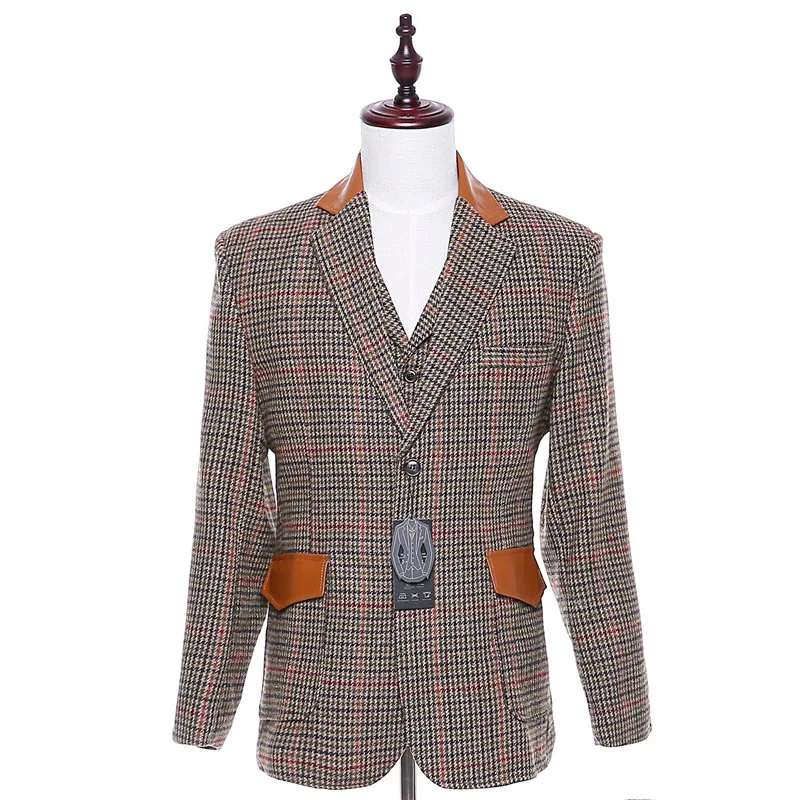 New Mens Casual Blazers Jacket Brown Dots Pattern Wool Slim England Suit Blaser Masculino Male