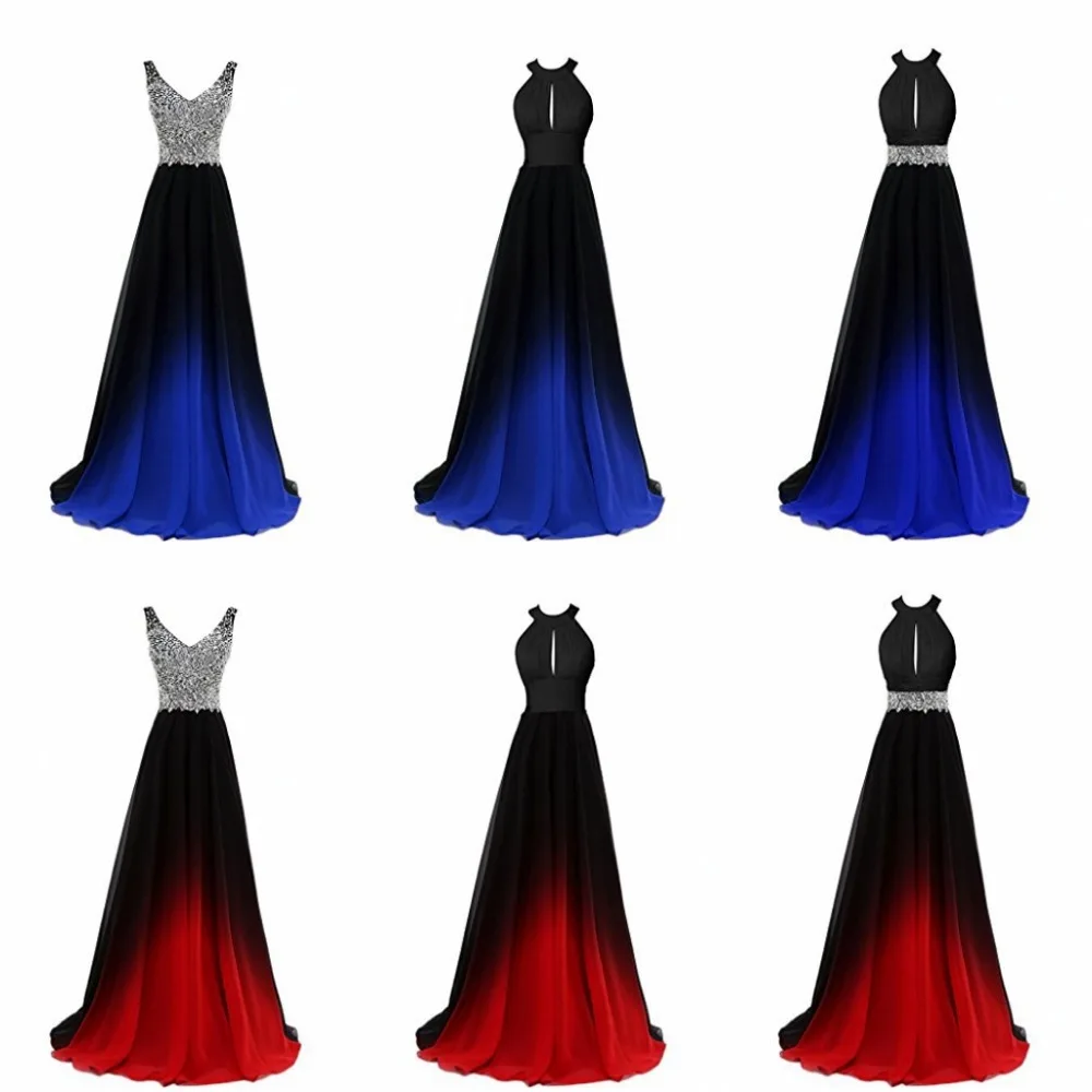 

New Gradient Ombre Chiffon Evening Dress Beading Evening Gowns 2019 Long A-line Prom Dresses Scoop Vestido De Festa
