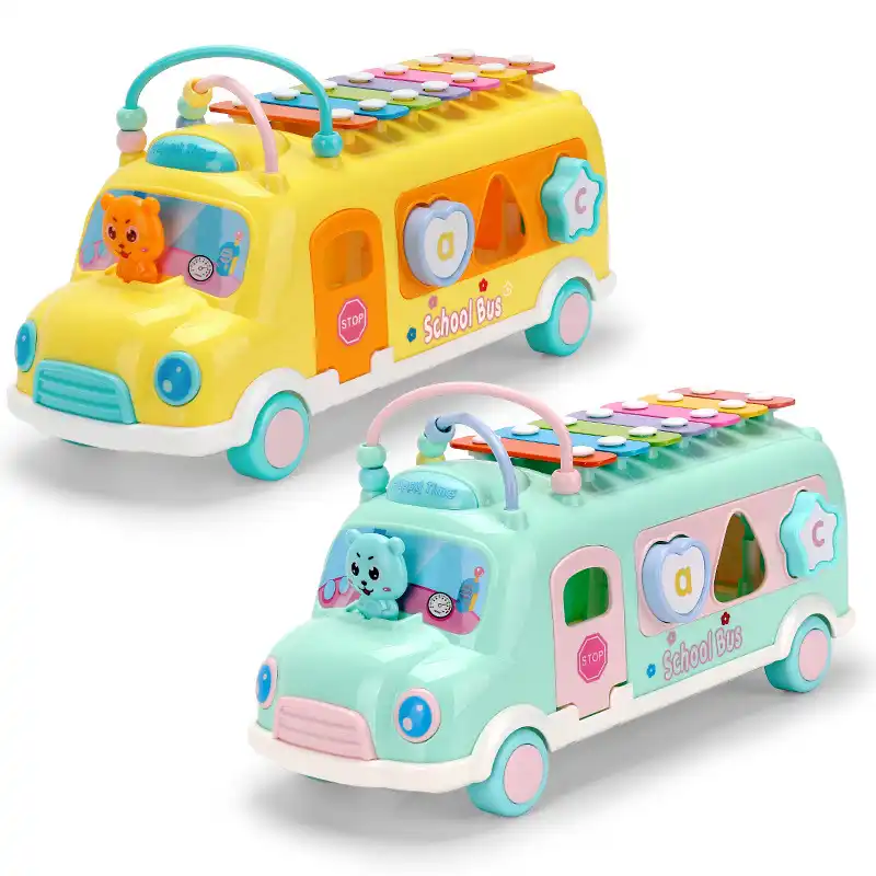 New Arrival 3 In 1 Toy Bus With Doors That Open Educational Set With Slide Out Xylophone And Shape Matching Blocks For Kids Baby