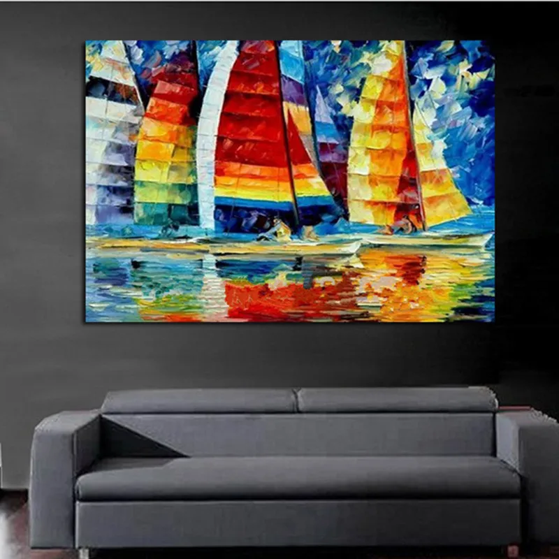 

Knife Color Sailboat Pictures Handpainted Abstract Landscape Oil Paintings Large Painting on Canvas Modern Home Decor Wall Art