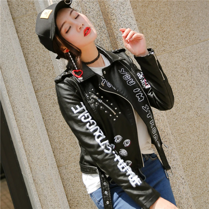 Moda Primavera 2019 de piel sintética estilo Punk diseño de letras para mujer chaqueta con grafiti para motocicleta negra de Otoño de manga larga ajustada|Chaquetas - AliExpress
