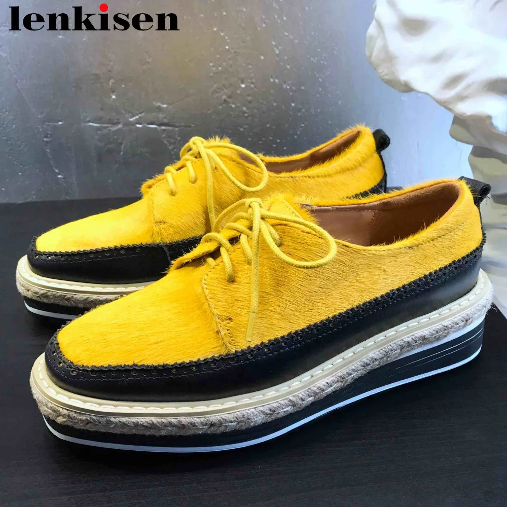 

Lenkisen comfortable genuine leather luxury horsehair lace up women pumps thick bottom platform patchwork party casual shoe L3fb