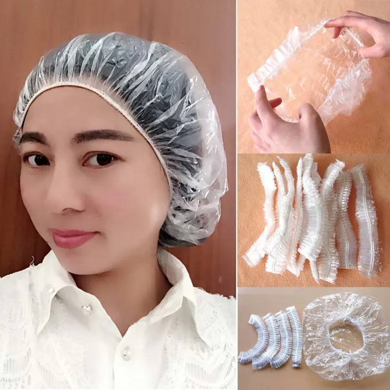 

100pcs Disposable Hat Hotel Elastic Shower Cap Transparent Hair Salon Waterproof Hat Bathroom Accessories