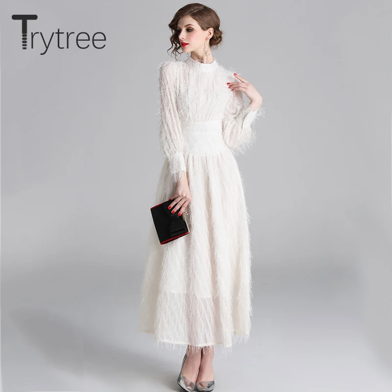 Trytree осеннее Элегантное повседневное однотонное платье с кисточками полиэфирное женское платье с рукавом-фонариком длиной до лодыжки ТРАПЕЦИЕВИДНОЕ офисное женское платье