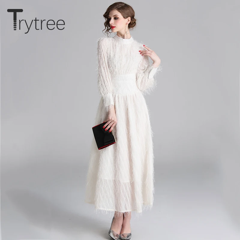 Осеннее Элегантное повседневное однотонное платье Trytree с бахромой женские