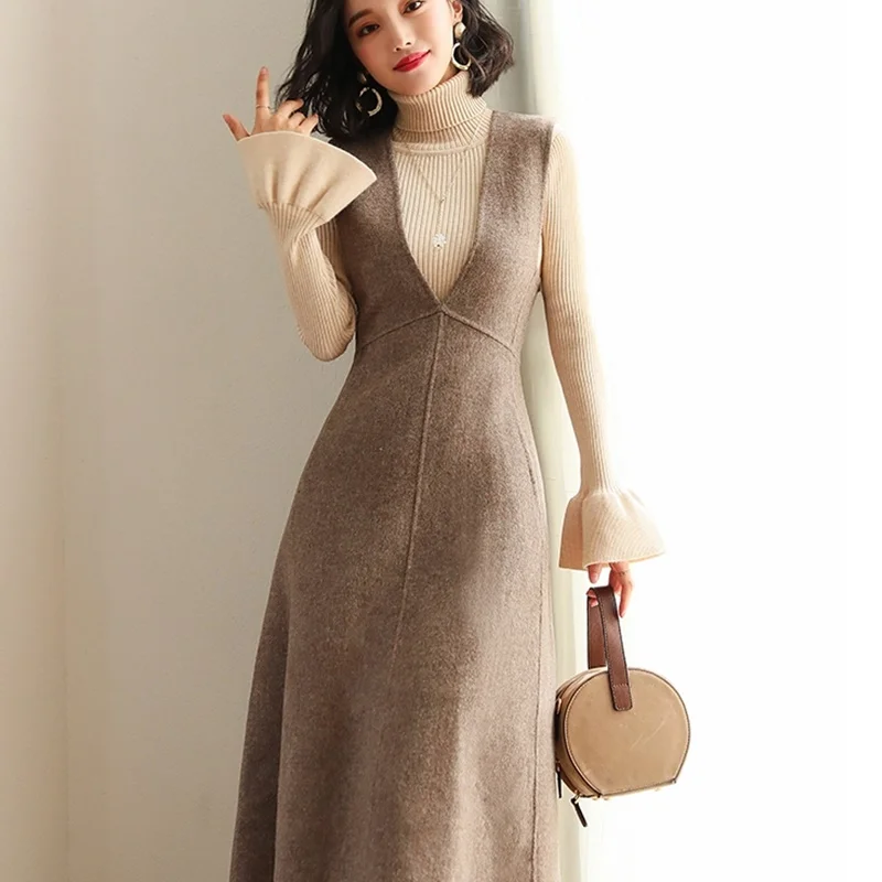 Женское зимнее шерстяное платье-свитер, длинный джемпер, теплые вязаные платья в Корейском стиле, зимние женские платья AA4295