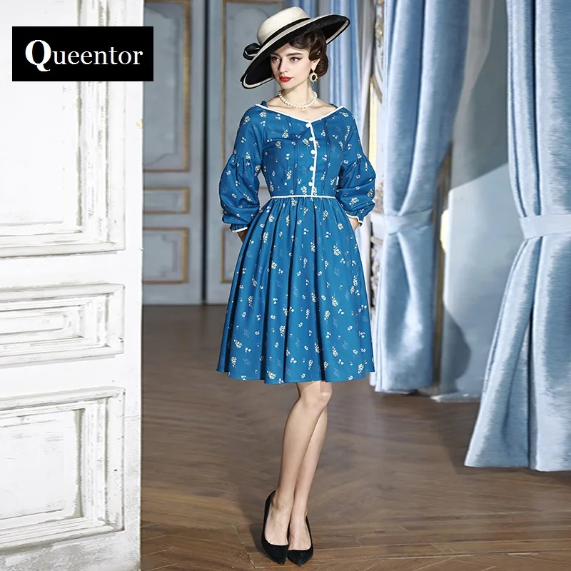 Queentor 2017 бренд vestidos Осень высокого класса старинные с пышными рукавами элегантные