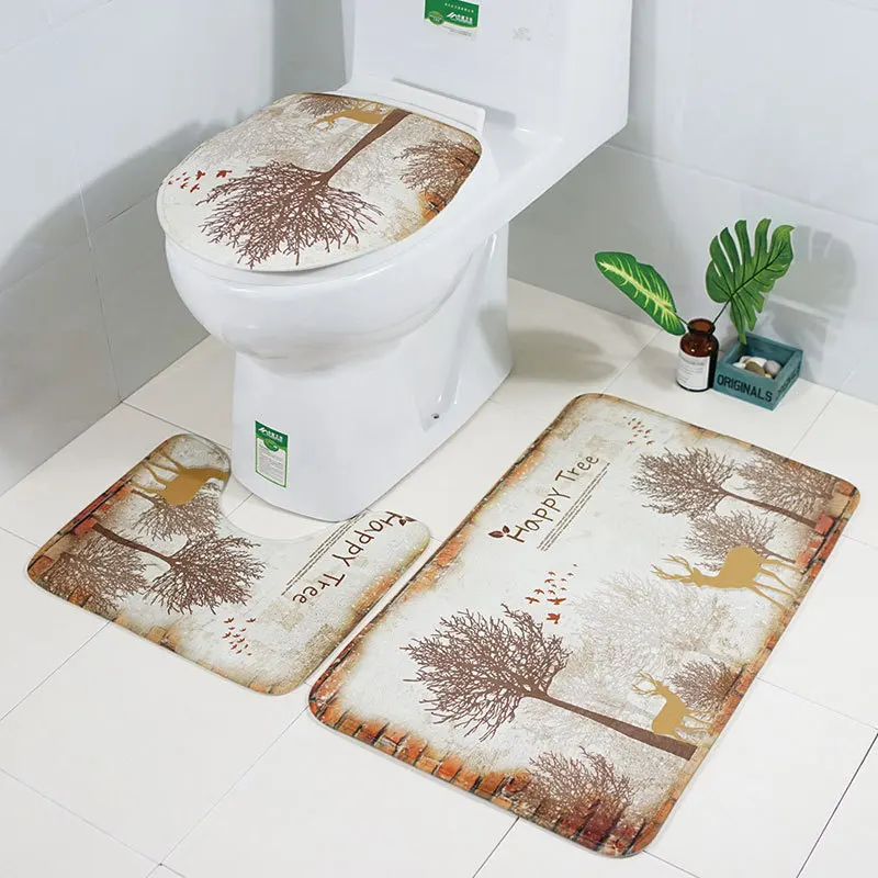 Zeegle Tree Printed 3Pcs Toilet Bath Mats Anti slip Bathroom Floor Mat
