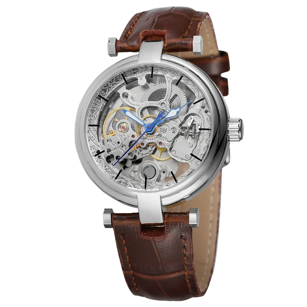 

Fashion Skeleton Clock Blue Hands Men's Mechanical Automatic Self Wind Watch Brown Genuine Leather Luminous Hands Horloge Mannen